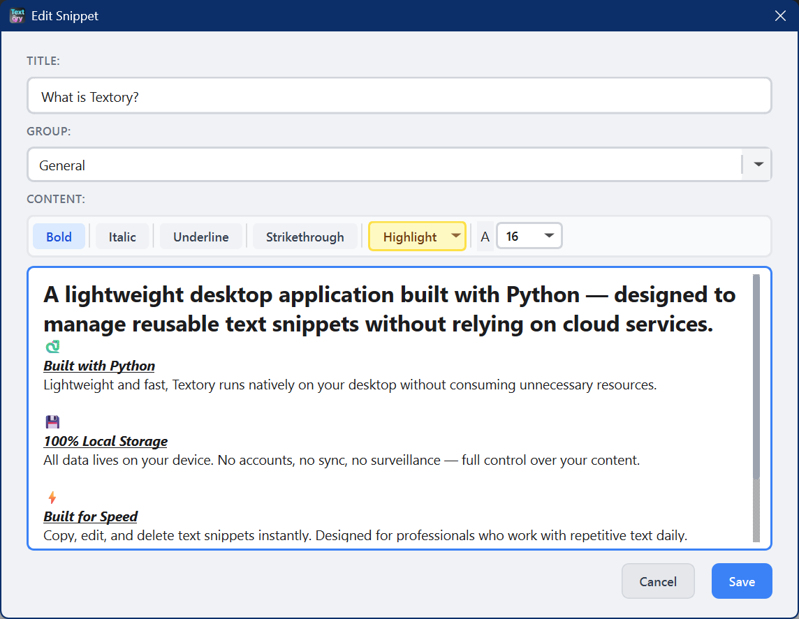 Textory rich text formatting editor – full size view