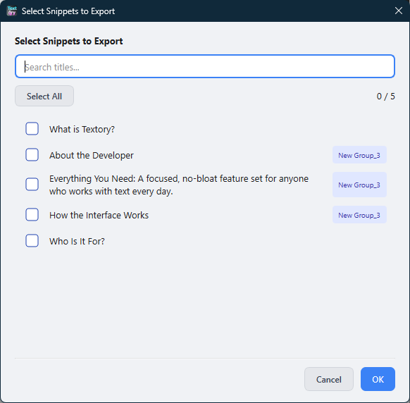Textory settings panel - Select Snippets to Export / Import – full size view